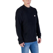 Calvin Klein Jeans black cotton ribbed knit sweater with small white logo patch on the left chest