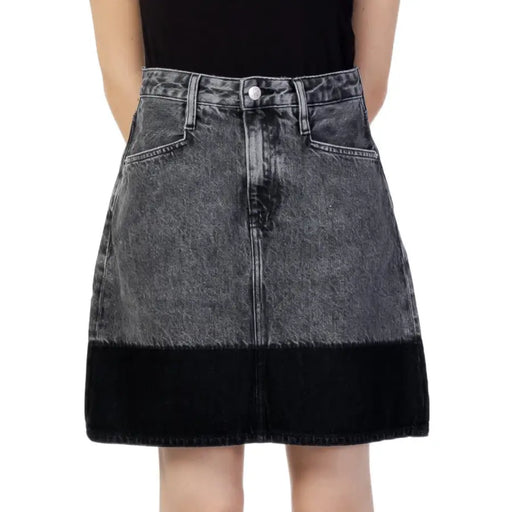 Calvin Klein Jeans black fall winter women’s two-tone denim skirt with faded gray upper and solid black hem