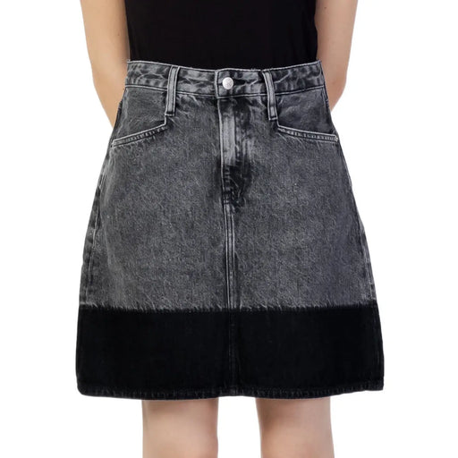 Calvin Klein Jeans black fall winter women’s two-tone denim skirt with faded gray upper and solid black hem