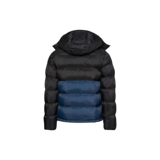 Black and blue quilted puffer jacket with hood, likely made of synthetic material for warmth.
