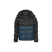 Black and teal puffer jacket with hood, quilted design.