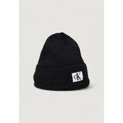 Calvin Klein Jeans black men’s ribbed knit beanie with white ck monogram patch fall winter collection cap