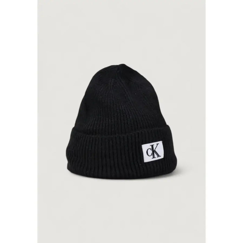 Calvin Klein Jeans black men’s ribbed knit beanie with white ck monogram patch fall winter collection cap