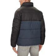 Black and navy blue puffer jacket with quilted design, made of synthetic material.