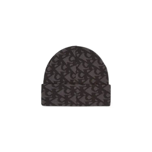 Black and gray calvin klein beanie with monogram pattern.