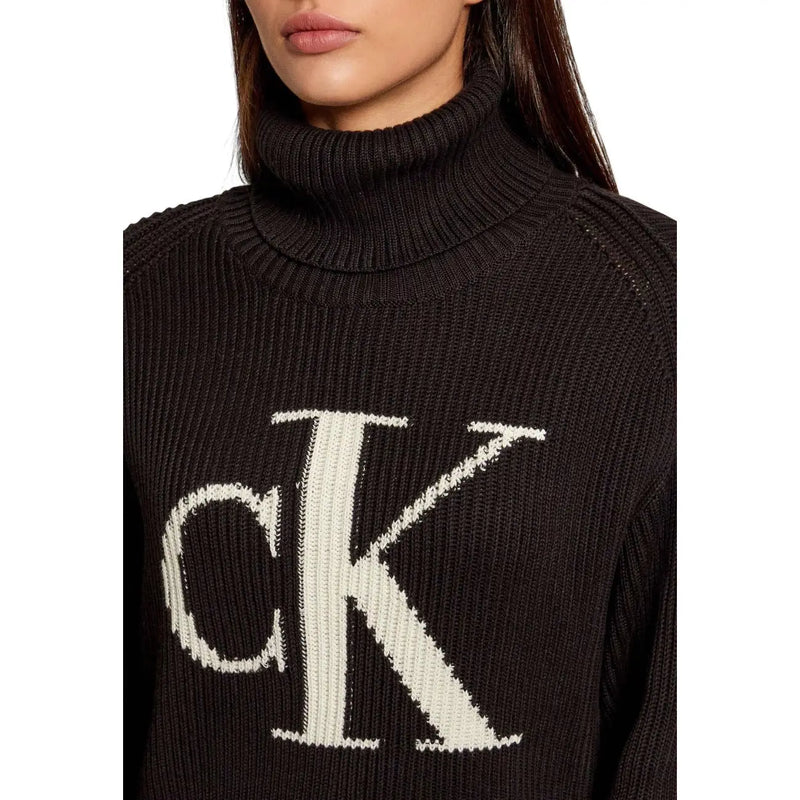 Calvin Klein Jeans black ribbed turtleneck knitwear for women with large off-white ck logo on front