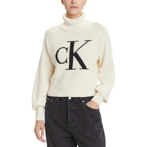 Calvin Klein Jeans cream ribbed turtleneck sweater with black CK logo