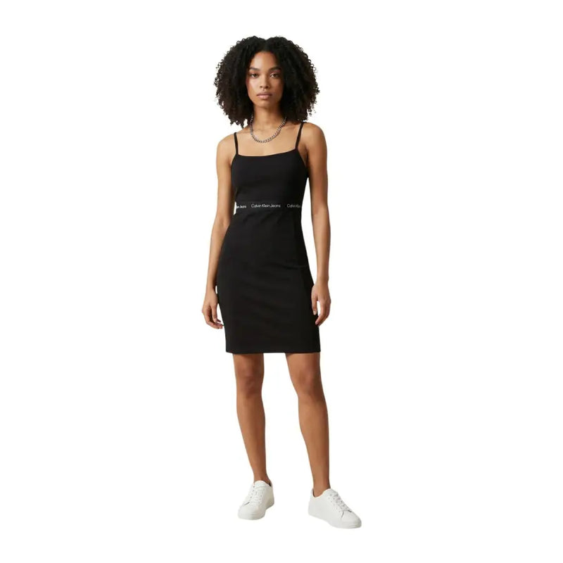 Calvin klein jeans black sleeveless cotton dress with white logo band and spaghetti straps