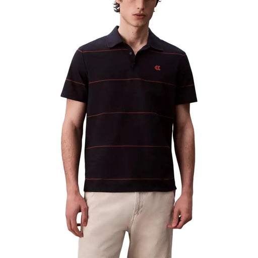 Calvin Klein Jeans blue striped cotton polo shirt for men black with thin red horizontal stripes and embroidered logo