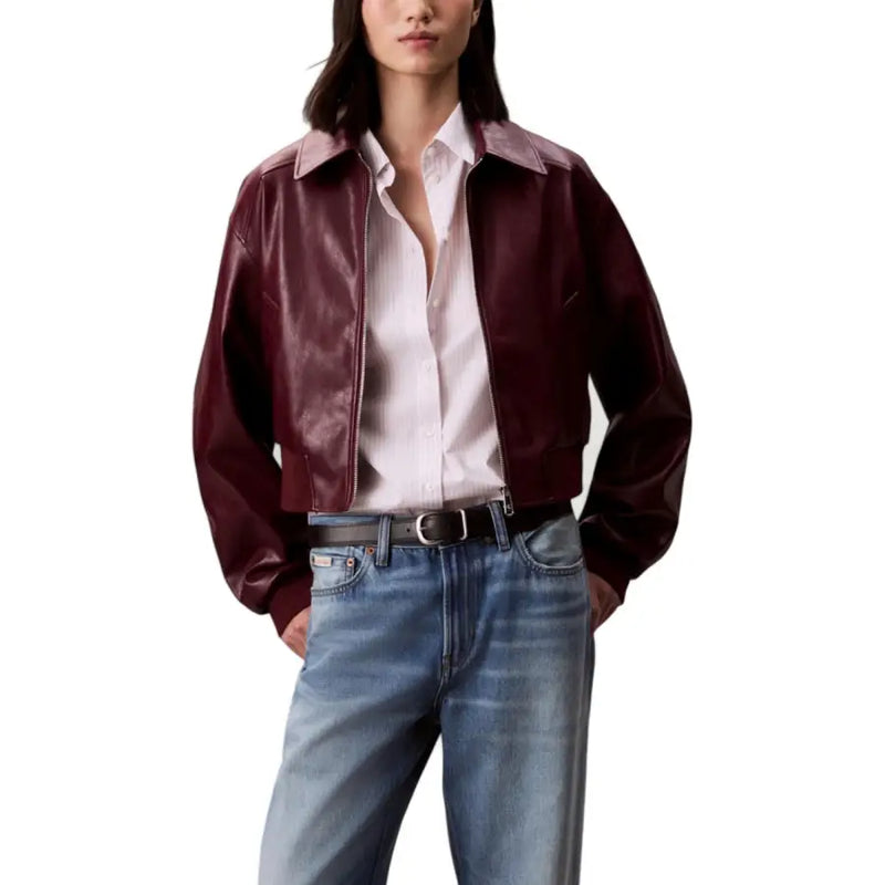 Calvin Klein Jeans bordeaux long zip front women’s blazer in sleek burgundy leather with subtle sheen and lighter collar