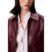 Calvin Klein Jeans bordeaux long zip front women’s blazer in burgundy leather with textured finish and embroidered ck logo