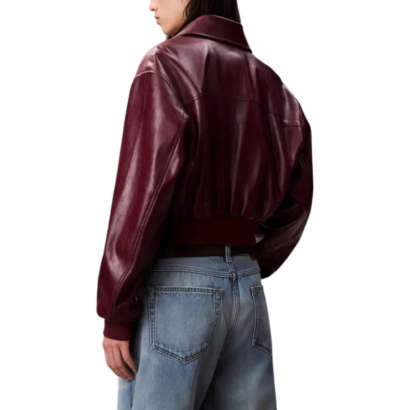 Calvin Klein Jeans Bordeaux long zip front women’s blazer in rich burgundy faux leather with cropped fit and ribbed cuffs