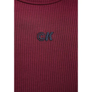 Calvin Klein Jeans Bordeaux modal dress for women in maroon ribbed knit with dark gray embroidered ck logo