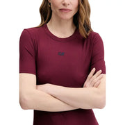 Calvin klein jeans bordeaux modal dress featuring a maroon ribbed short sleeve top with subtle embroidered logo