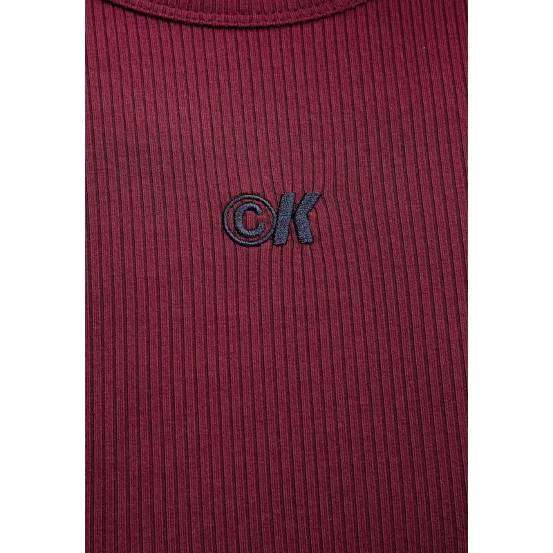 Calvin Klein Jeans Bordeaux modal dress for women in maroon ribbed knit with dark gray embroidered ck logo