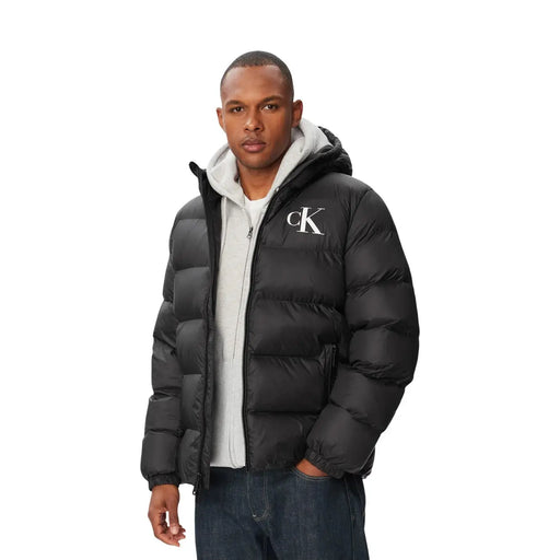 Calvin Klein Jeans jacket for men in black with white ck logo and gray-lined hood, front view