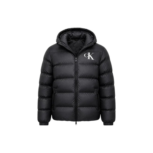 Calvin Klein Jeans jacket for men in black with hood and white CK logo on chest, front view
