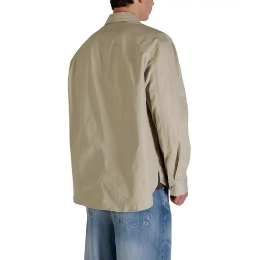 Calvin Klein Jeans men beige cotton blazer classic fit with long sleeves, button-up front, classic collar, and seam detailing