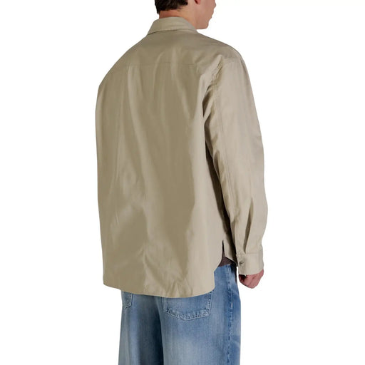 Calvin Klein Jeans men beige cotton blazer classic fit with long sleeves, button-up front, classic collar, and seam detailing