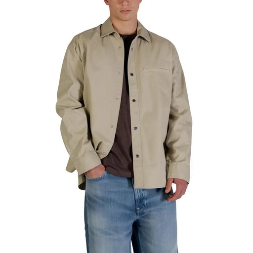 Calvin Klein Jeans men beige cotton blouse with classic collar and chest pocket in a classic fit