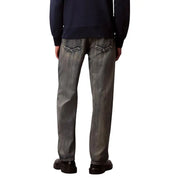 Back side view of calvin klein jeans men beige cotton blend zip dark gray denim jeans with white stitched pockets