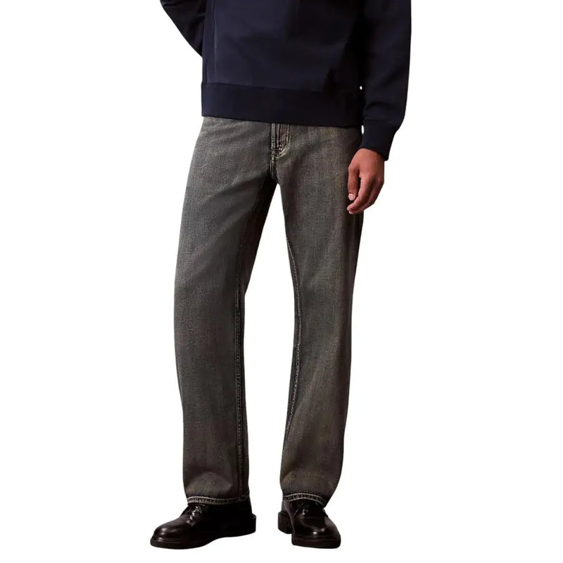 Calvin klein jeans men beige cotton blend zip jeans in dark gray denim with straight-leg cut and classic stitching