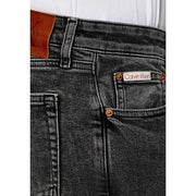 Calvin Klein Jeans men beige cotton classic fit jeans in black denim with faded wash brown leather patches and copper rivets back side
