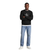 Calvin Klein Jeans Schwarzes Herren-Sweatshirt aus Baumwolle mit Rundhalsausschnitt, weißem Logo und gerippten Bündchen