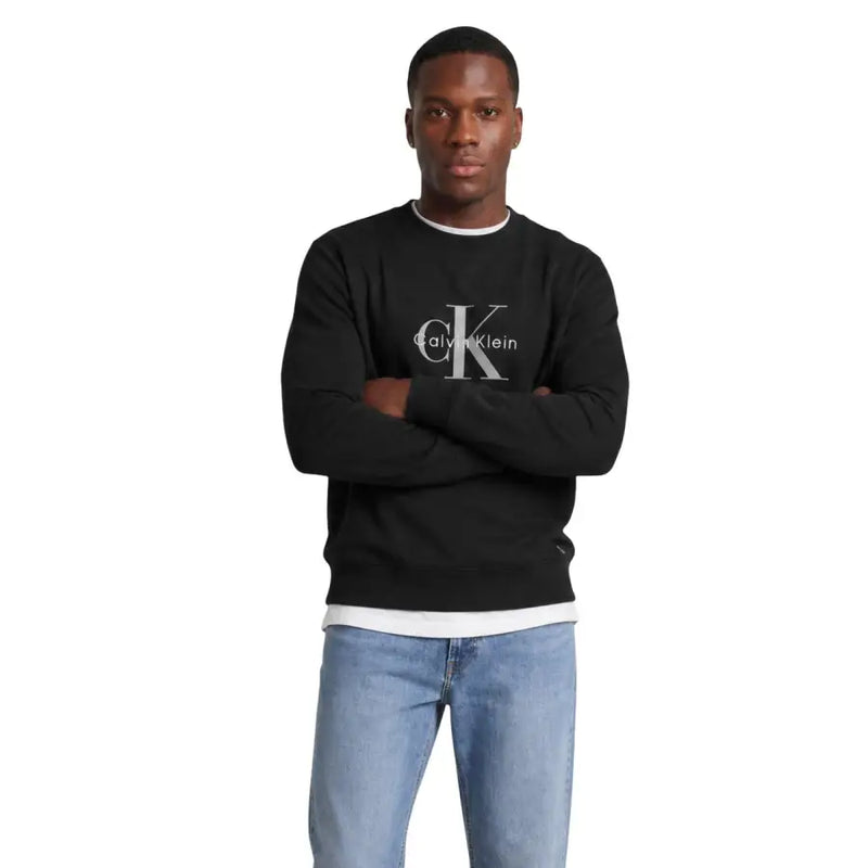 Calvin Klein Jeans Schwarzes Herren-Sweatshirt aus Baumwolle mit Rundhalsausschnitt, weißem, ineinandergreifendem CK-Logo und Calvin Klein-Schriftzug auf der Brust