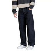 Calvin Klein Jeans men black cotton denim jeans with dark-wash, relaxed straight-leg cut and classic stitching details