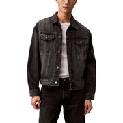 Calvin Klein Jeans Schwarze Herren-Baumwolljacke mit dunkelgrauem Denim-Knopfverschluss und Brusttaschen