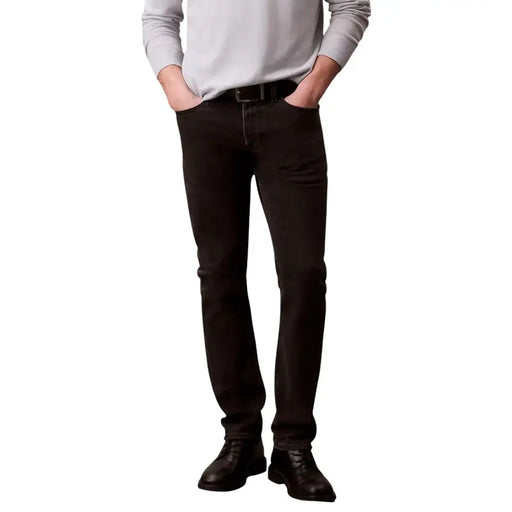Calvin klein jeans men black slim fit dark wash denim jeans with classic five-pocket design and cotton stretch material