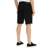 Black cotton casual shorts with rolled hem and belt loop.