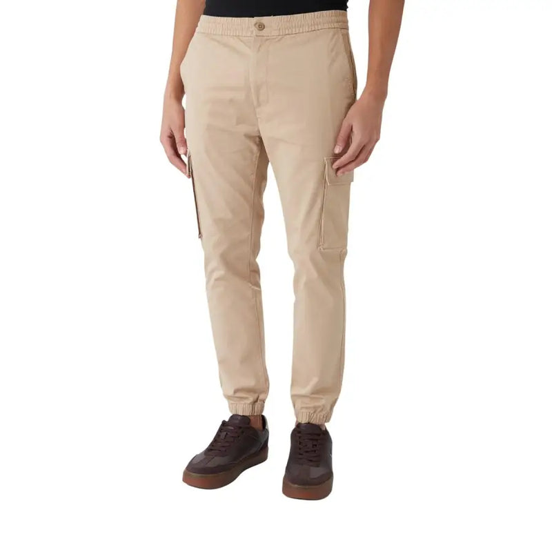 Beige cargo pants with elastic waistband drawstring side pockets and cuffed ankles in calvin klein jeans fall winter cotton blend trousers