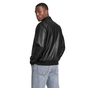 Calvin klein jeans men black leather bomber jacket with ribbed cuffs and waistband in size l polyester blend