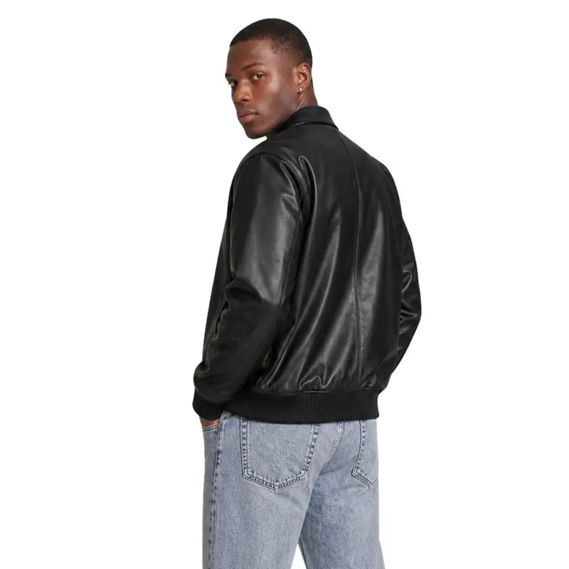 Calvin klein jeans men black leather bomber jacket with ribbed cuffs and waistband in size l polyester blend