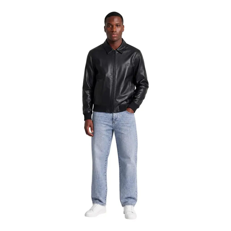 Black leather bomber jacket with subtle logo on left chest calvin klein jeans men black zip blazer polyester size l
