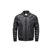Calvin Klein Jeans men black leather bomber jacket with subtle logo on left chest polyester size L
