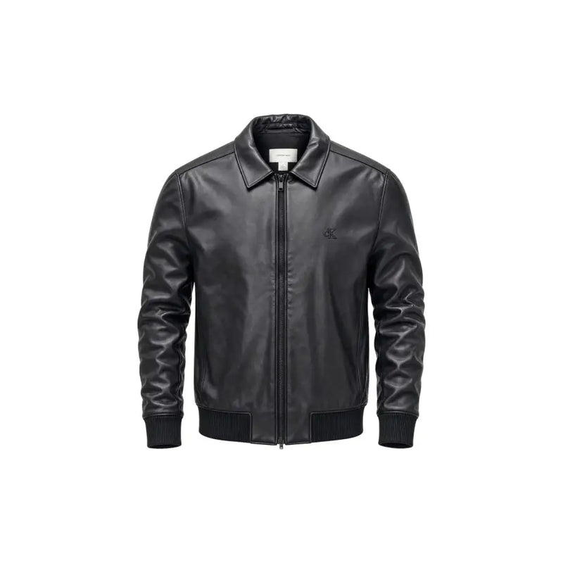 Calvin Klein Jeans men black leather bomber jacket with subtle logo on left chest polyester size L