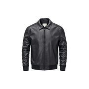 Calvin Klein Jeans men black leather bomber jacket with subtle logo on left chest polyester size L