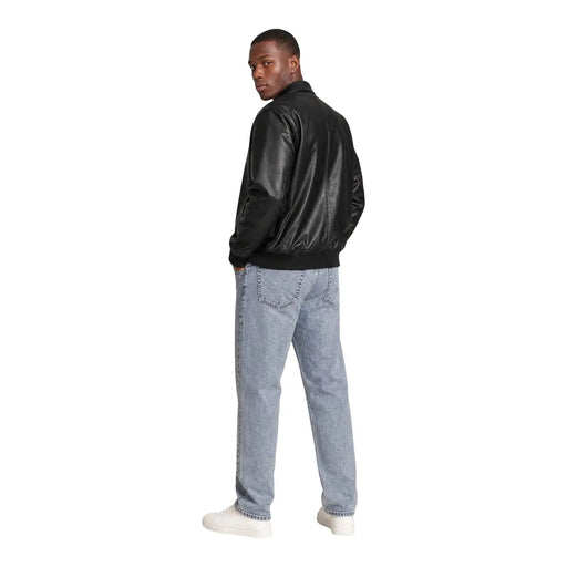Calvin Klein Jeans men black leather bomber jacket with classic collar ribbed cuffs polyester size L