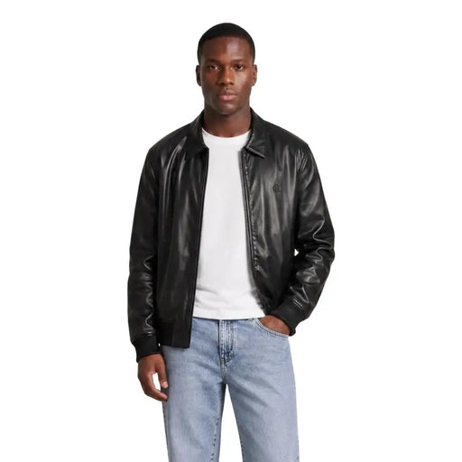 Calvin klein jeans men black leather bomber jacket with subtle logo on left chest and polyester zip blazer size l