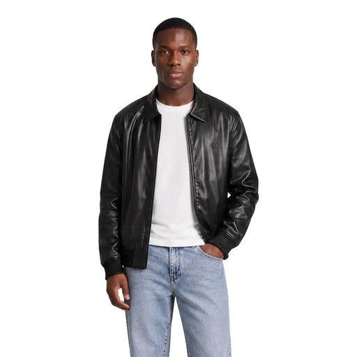 Calvin klein jeans men black leather bomber jacket with subtle logo on left chest and polyester zip blazer size l