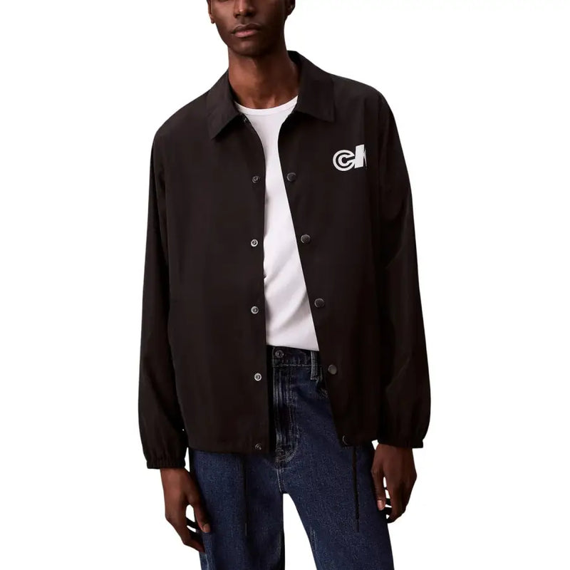 Calvin Klein Jeans men blazer in black with white logo on left chest crafted from lightweight coach jacket material