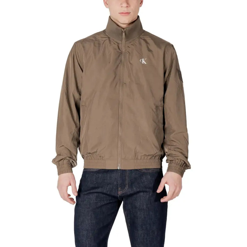 Calvin Klein Jeans men blazer in tan zip-up style with subtle logo and elastic cuffs, perfect for casual wear