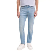 Back view of calvin klein men blue cotton denim jeans with light wash straight-leg cut and subtle fading