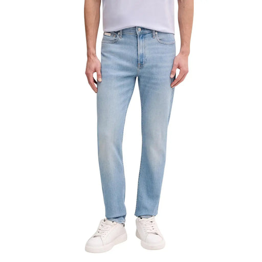 Back view of calvin klein men blue cotton denim jeans with light wash straight-leg cut and subtle fading