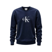 Navy blue calvin klein jeans men cotton round neck sweatshirt with white ck logo and brand name on chest