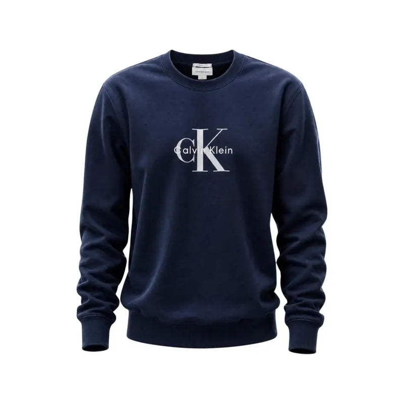 Navy blue calvin klein jeans men cotton round neck sweatshirt with white ck logo and brand name on chest