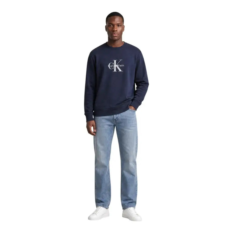 Navy blue Calvin Klein Jeans men cotton sweatshirt with white CK logo and round neck for casual wear